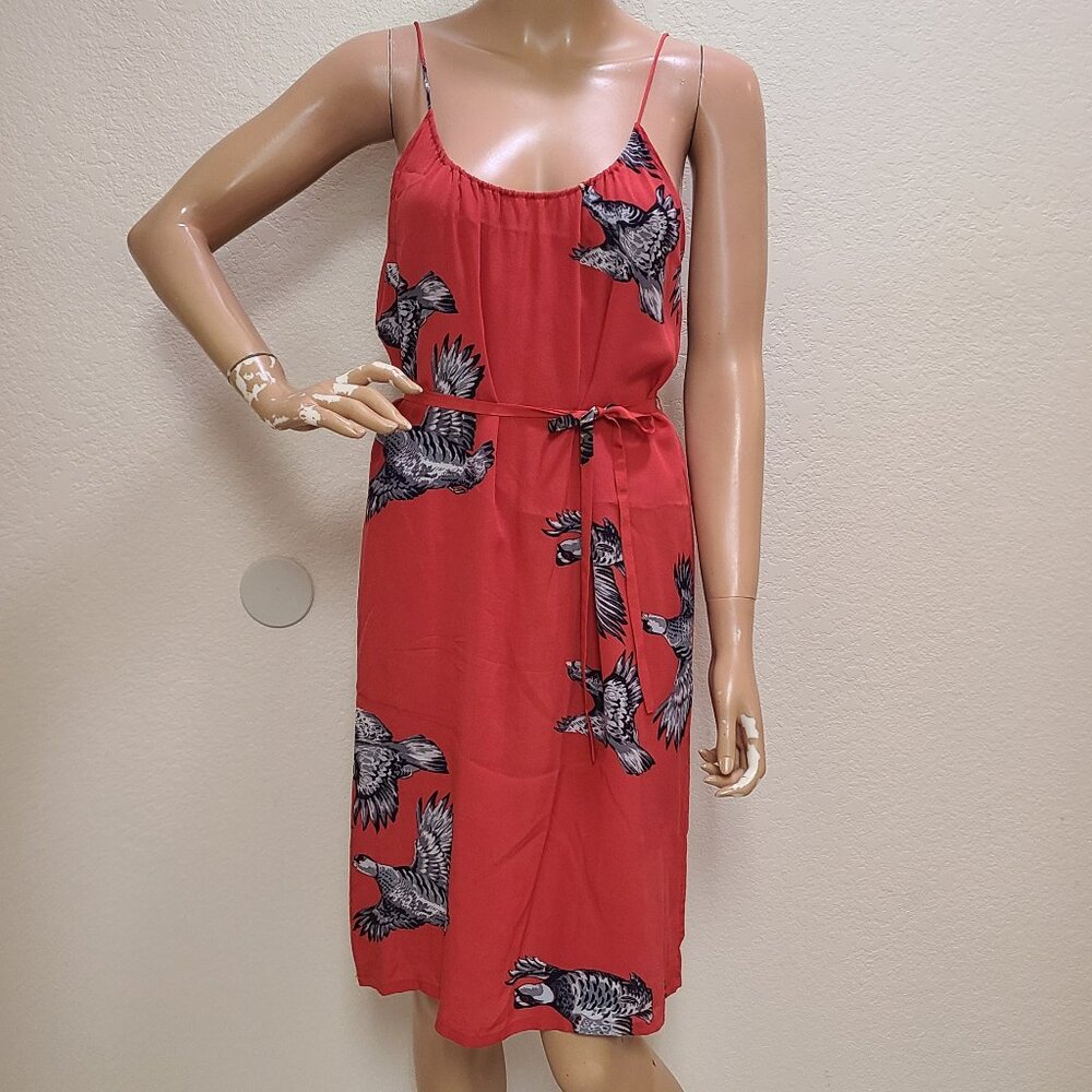 TUCKER 100% SILK CREPE SPAGHETTI STRAP SELF-BELT SHIFT DRESS BIRD PRINT sz S